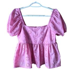 Altar'd State XS Pink Eyelet Puff Sleeve Babydoll Peplum Top Cottagecore Boho